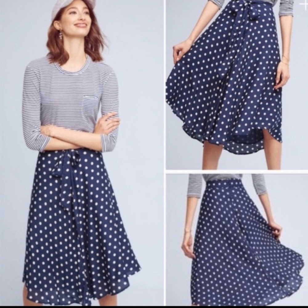 Anthropologie Polka Dot Tie Waist Midi Skirt  Size Small